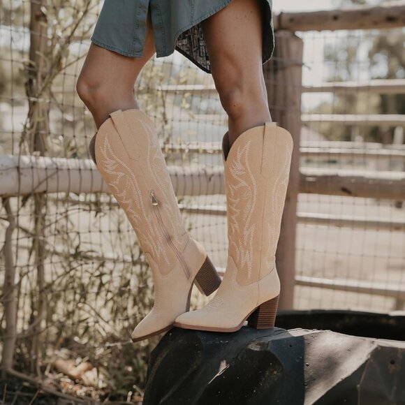 Women's Apricot Wide Calf Cowgirl Western Embroidery Chunky High Heel Boots - Picture 2 of 6